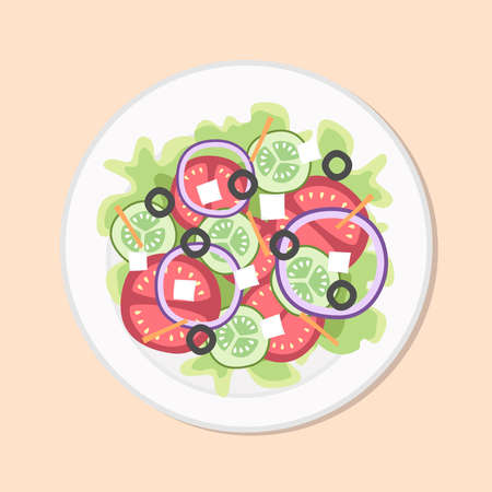 Vegetable salad healthy diet meal. Weight loss plate with lettuce, tomato, cucumber, greens. Vector illustration. Simple flat stock nutrition image.のイラスト素材