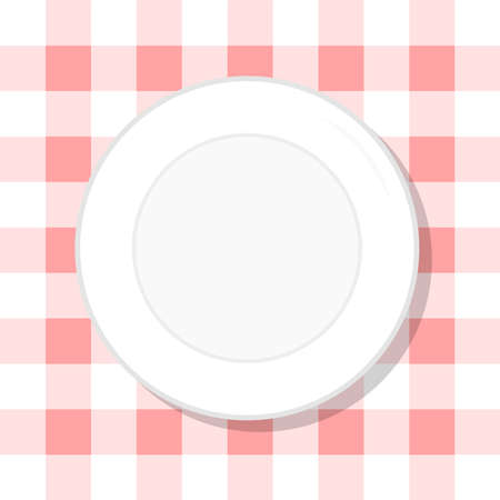 Empty plate on retro red tablecloth healthy diet meal. Vector illustration. Simple flat stock image. Template healthy food nutrition plateのイラスト素材