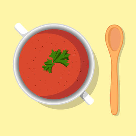 Tomato puree soup bowl with parsley healthy diet meal on plate. Vector illustration. Simple flat stock image. Hot vegetable cream soup on table healthy food nutritionのイラスト素材