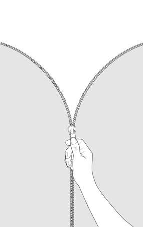 Open close zip. Realistic zipper fastener reveal vector. Hand opening zip locker with runner vertical. Graphic illustration stock imageのイラスト素材