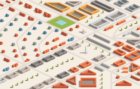 A vector illustration of a city in isometric format  Editable with objects logically layered  City features buildings, trees, church, swimming pool, etc のイラスト素材