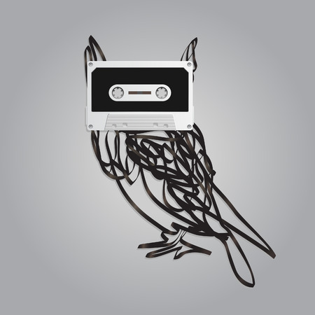 A vector illustration of a cassette with mess of tape around making shape of an owl  のイラスト素材