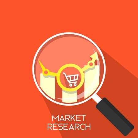 Market Research magnifying glass and Data Analysis on shoping chart  simple clean flat long shadow icon illustration for web design, element, print and presentationのイラスト素材