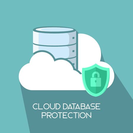 cloud database server on cloud with shield protection  simple clean flat long shadow icon illustration for web design, element, print and presentationのイラスト素材