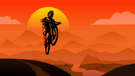 MTB rider jump sunset in mountains view background  flat style illustration vectorのイラスト素材