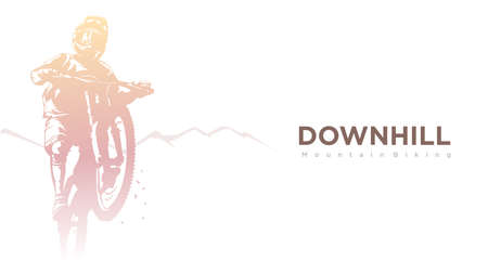 big mtb rider jump silhouette in modern vivid color stlye. down hill text and copy space vector illustrationのイラスト素材