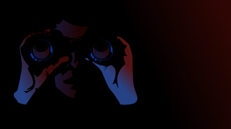 man in the dark use binocular to spy or monitor object. business metaphor scouting. with blank space for copy space vector illustrationのイラスト素材