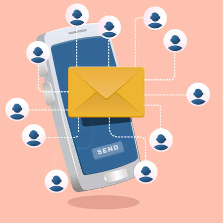 maililng list. list of contact ane email in front of smartphone. mailing list promnotion marketing concept vector illustrationのイラスト素材