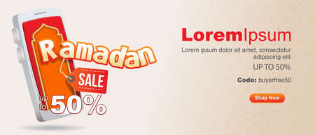 ramdan sale up to 50% sign in front of smartphone. ramadan promotional discount elegant style vector illustrationのイラスト素材