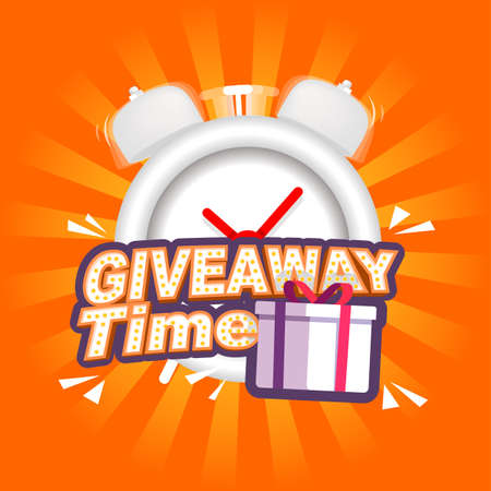 giveaway time. gift box with give away text in front of ringing clock. Banner vector illustrationのイラスト素材