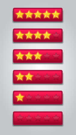 star rating set. Customer feedback sytem. realistic shiny gold stars in front of red rectangle modern vector illustrationのイラスト素材