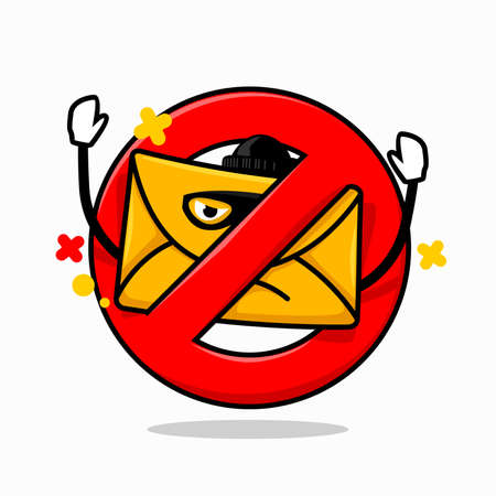 blocked email concept. isolated cute mail cartoon bad guy face inside red crossed circle vector illustrationのイラスト素材
