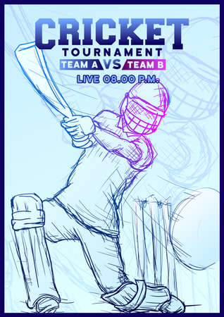 cricket tournament poster hand drawn rough vector illustration.のイラスト素材