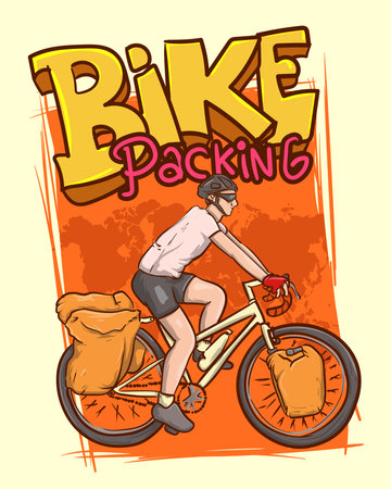 bike packing. bicycle touring with panier luggage carrier by world map vector illustrationのイラスト素材