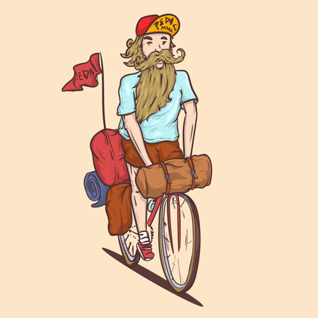 beard hipster cyclist. bikepacker. vector illustrationのイラスト素材