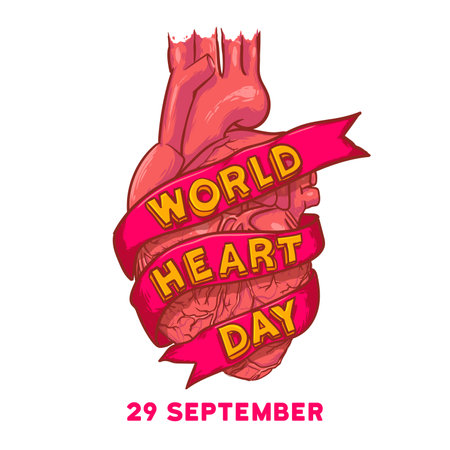 world heart day concept. isolated hand drawn heart with text and ribbon. vector illustrationのイラスト素材