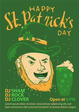 saint patrick cartoon with green glass beer for st patrick's day event poster vector illustrationのイラスト素材