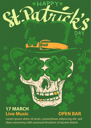 saint patrick skull wear shamrock shape sunglass for st patrick's day event poster vector illustrationのイラスト素材