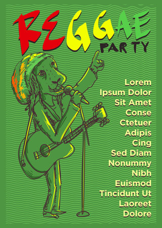 dreadlock lion hold guitar for lion reggae party event poster template vector illustrationのイラスト素材