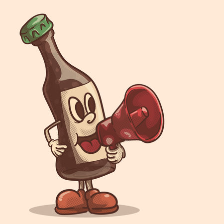 cartoon beer botle with face holding megaphone for beer promo announcement concept. funky beer retro mascot illustrationのイラスト素材
