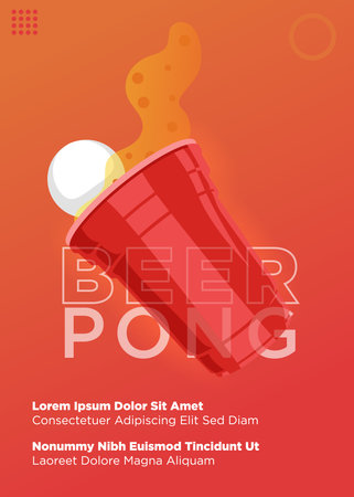 fallen beer glass with ball inside for beer pong poster template. minimalist modern style poster vectorのイラスト素材