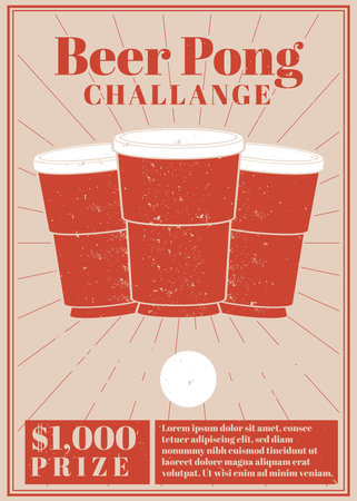 hand drawn three cups with ping pong ball.beer pong challange poster template.  beer pong vector illustrationのイラスト素材