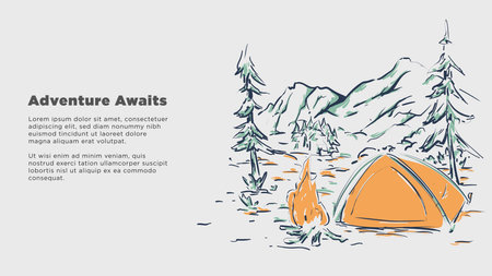 adventure awaits concept. camping tent with bonfire mountins background. rough hand drawn style vector illustrationのイラスト素材