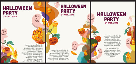 Halloween party invitation with cute pumpkins and ghosts. Vector illustrationのイラスト素材