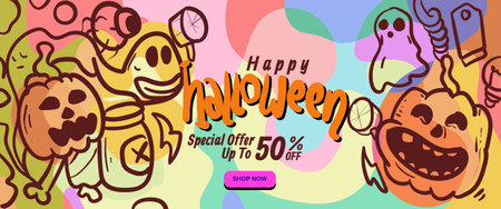 Happy Halloween banner. Vector illustration with cute cartoon ghosts in flat style.のイラスト素材