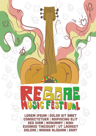 abstract accoustic guitar with three color aura for reggae music festrival poster concept. international paper size music poster template vector illustration.のイラスト素材