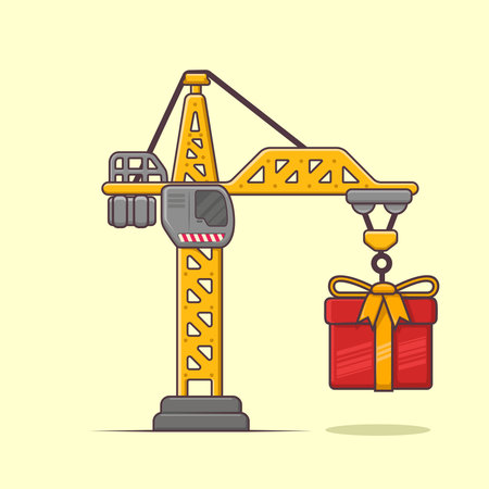 Modern cartoon crane lifting a red Christmas gift box with ribbon. Perfect vector for construction, engineering, and festive holiday themesのイラスト素材