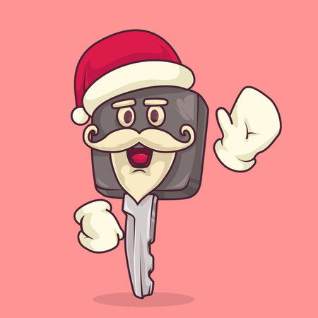 Cartoon vehicle key with Santa hat, beard, and mustache waving for festive mechanical and workshop Christmas themes.のイラスト素材
