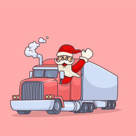 Santa cartoon driving a container truck and waving cheerfully in a festive Christmas trucker theme.のイラスト素材