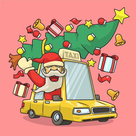Cartoon Santa driving a taxi loaded with Christmas gifts and a tree, perfect for festive taxi driver and holiday themes.のイラスト素材