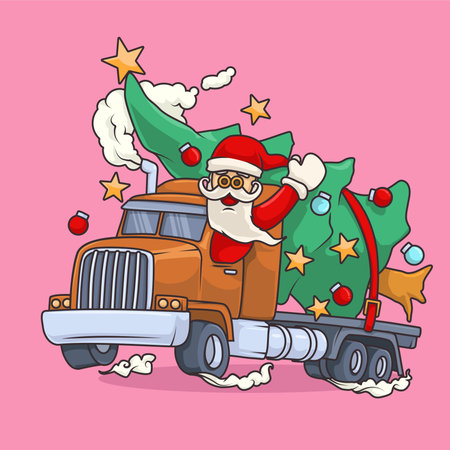 Santa cartoon driving a truck carrying a Christmas tree, waving cheerfully for festive trucker themes.のイラスト素材