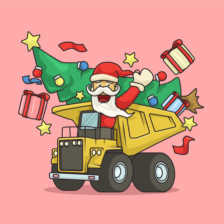 Cartoon Santa waving while driving a yellow mining truck loaded with Christmas trees and gifts for festive industrial themes.のイラスト素材