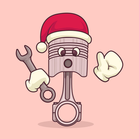 Cartoon piston with Santa hat, beard, and mustache waving cheerfully for mechanical Christmas and workshop themes.のイラスト素材