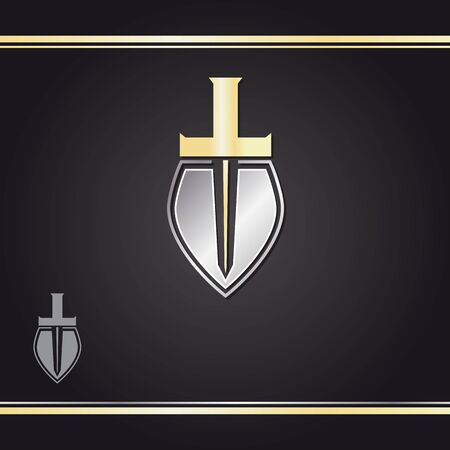 Gold sword and silver shield logo design vector template on black background. Watermarkのイラスト素材