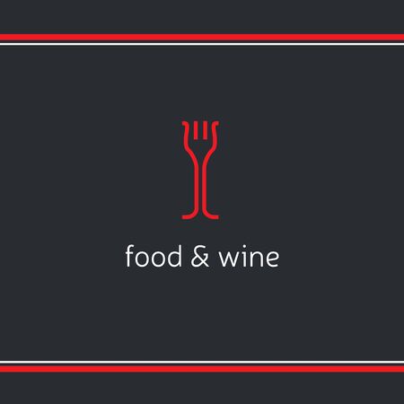 Restaurant logo with fork and two bottles of wine. Food and wine logo design template. Crative emblem for restaurant and wine bar.のイラスト素材