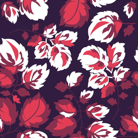 Abstract seamless pattern with colored leaves of roses. Dark purple, pink and white color. Vector design.のイラスト素材