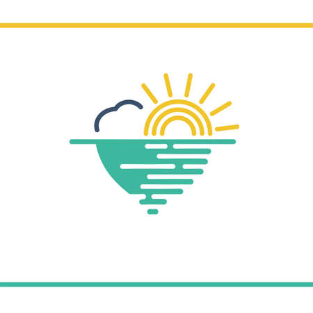 Sunset logo design. Sun, ocean, and a seagull in a heart shape. Vector logo design template.のイラスト素材