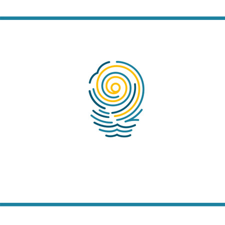 Fingerprint and sunset. Sun, waves and bird in fingerprint shape. Line art. Vector logo design template.のイラスト素材