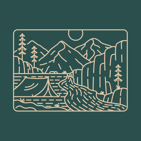 Camping by the River with Mountains View 1 is a monoline illustration that is suitable for t-shirts, jackets, or merchandise with the theme of nature, outdoors, campingのイラスト素材