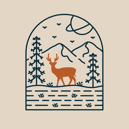 Wild Deer In National Park is a monoline design that is suitable for t-shirts, jackets, or merchandise with the theme of adventure, mountain, nature, hunting, camping, jungle.のイラスト素材