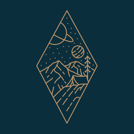 Camping Adventures in Space is a monoline design that is suitable for t-shirt, hoodie, or merchandise about nature, mountain, adventure, holiday, space.のイラスト素材