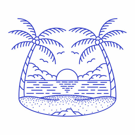 Coconut Trees on Tropical Beach is a monoline design that is suitable for t-shirts, jackets, or merchandise with the theme of nature, outdoor, wanderlust, adventure, camping, beachのイラスト素材