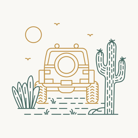 4x4 Offroad Adventure in the Desert Cactus Succulent is a monoline design that is suitable for t-shirts, jackets, or merchandise with the theme of nature, outdoor, summer, holidayのイラスト素材
