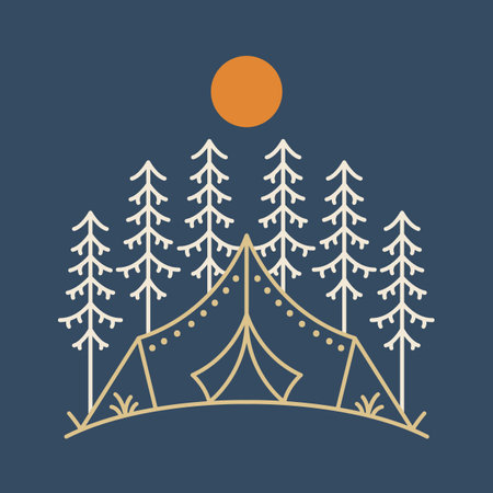 Camping Under Shady Trees in the Wild Forest is a monoline design that is suitable for t-shirt, hoodie, or merchandise about nature, camping, adventure, outdoors.のイラスト素材