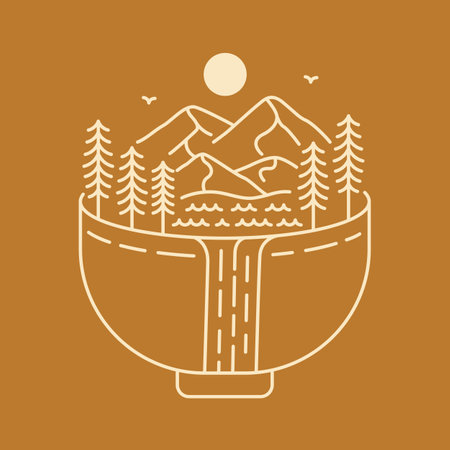 Landscape of Nature Mountain Waterfall in Ramen Bowl is a monoline design that is suitable for t-shirts, jackets, or merchandise with the theme of nature, food, summer, ramen.のイラスト素材