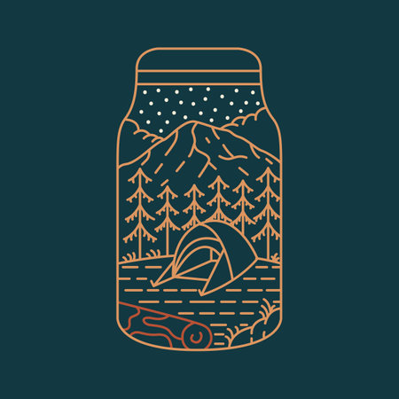 Night Camping Tent in the Woods with Mountains and Stars Background in a Jar is a monoline design that is suitable for t-shirt, hoodie, or merchandise about adventure, camping.のイラスト素材